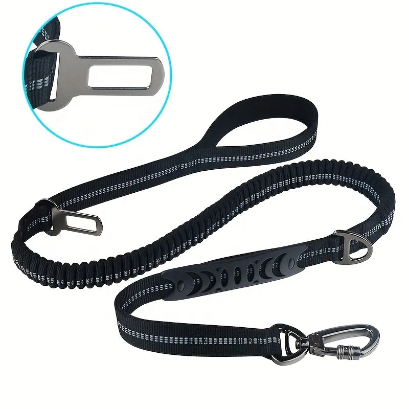 Correa de nylon reflectante multifuncional retráctil. Evita tirones y asegura a tu perro con nuestro broche de seguridad para vehículos. ¡Ideal para caminatas y viajes en coche!